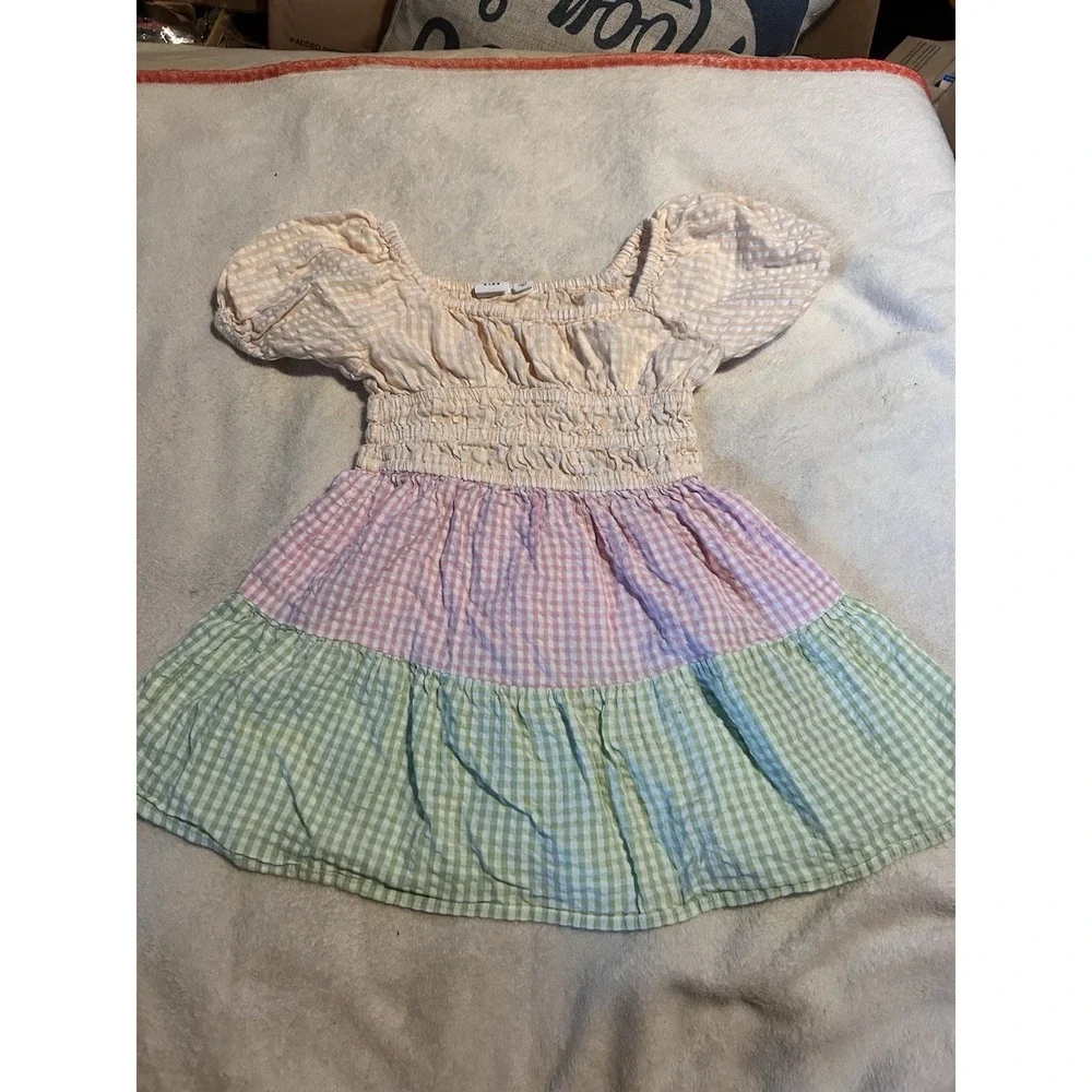 GAP Kids Girls XS‎ 4-5 Pastel Gingham Seersucker Smocked Puff Sleeve Dress